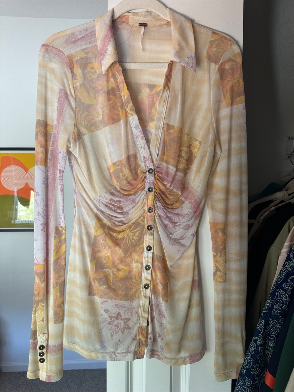Free People Ruched Button-Front Sheer Blouse in Cream and Pastel Yellow